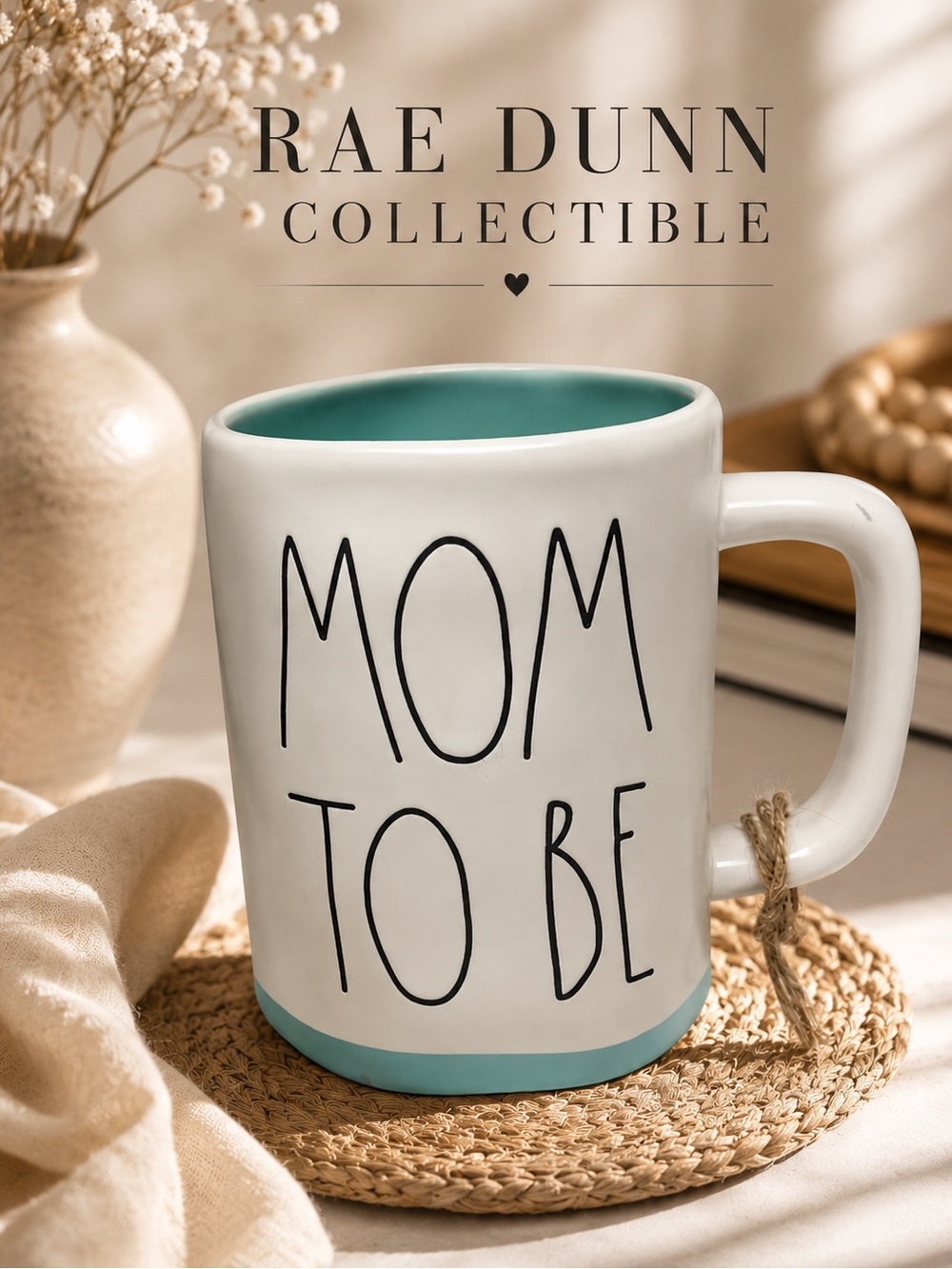 NWOT! Rae Dunn “Mom to Be” Ceramic Mug White/Green Collectible 18.OZ Collectible